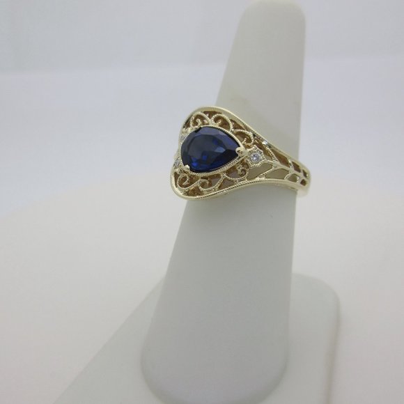 14k Blue Sapphire Diamond Ring Natural Pear Jewelry Filigree Sophia Fiori 6 1/2 - Picture 3 of 9
